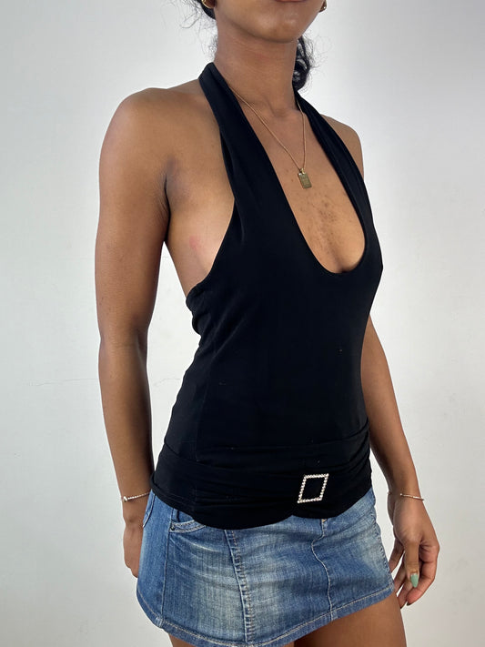 vintage edit: tops | small black halterneck top with diamanté square detail