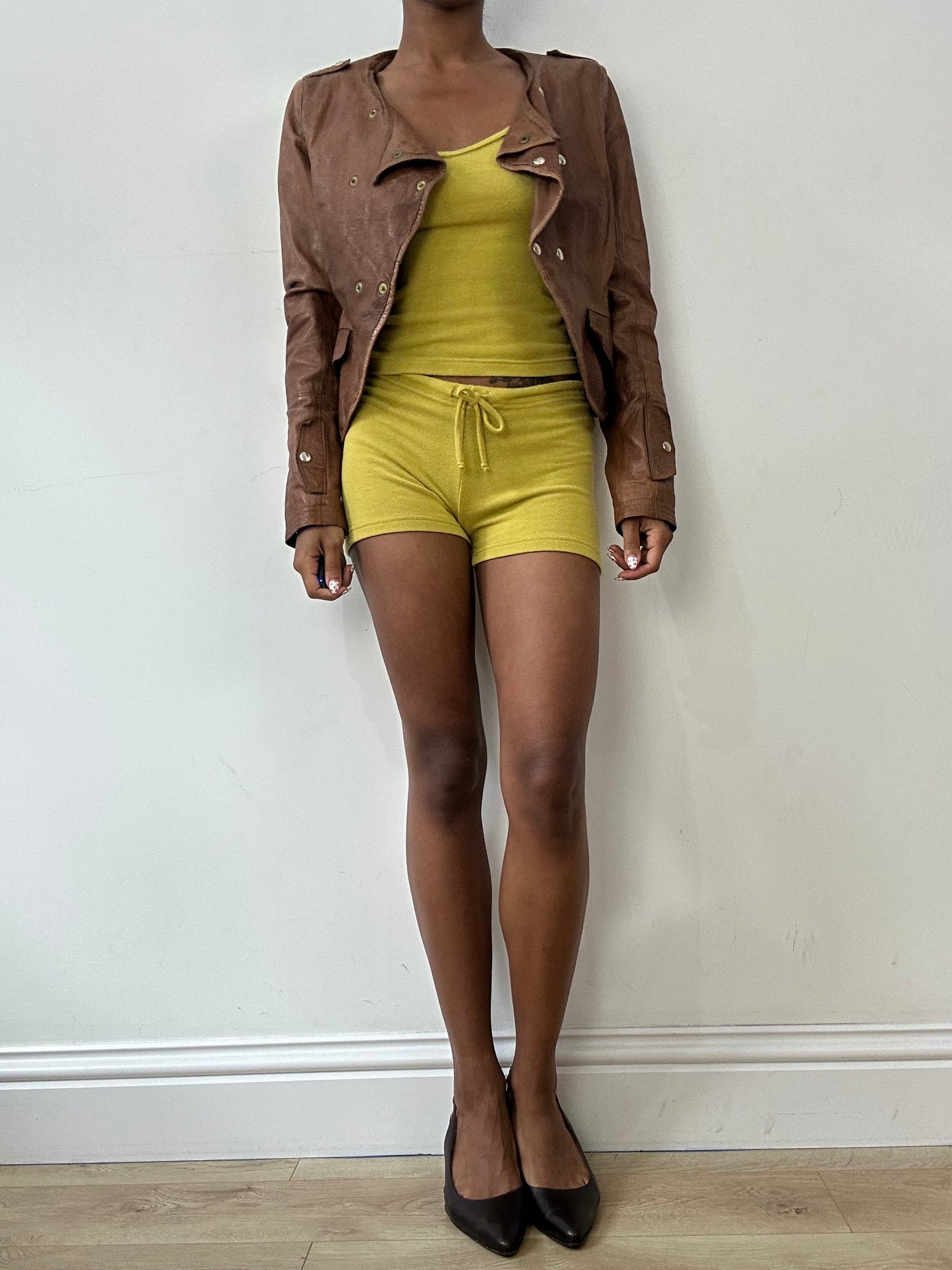 vintage edit twenty-nine | small brown leather jacket with gold button detail