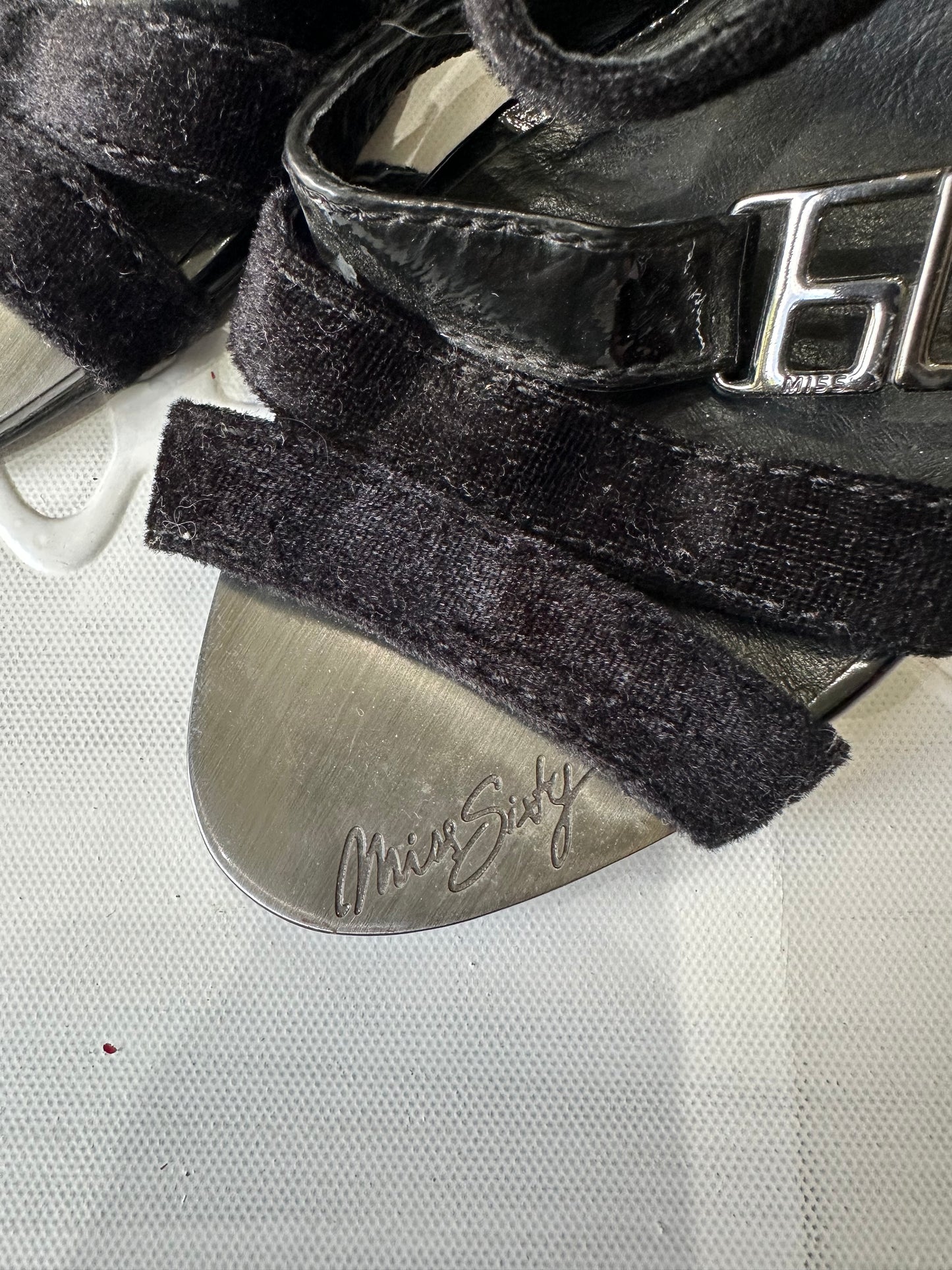 LFW edit | UK4 black miss sixty faux suede straply heels with logo
