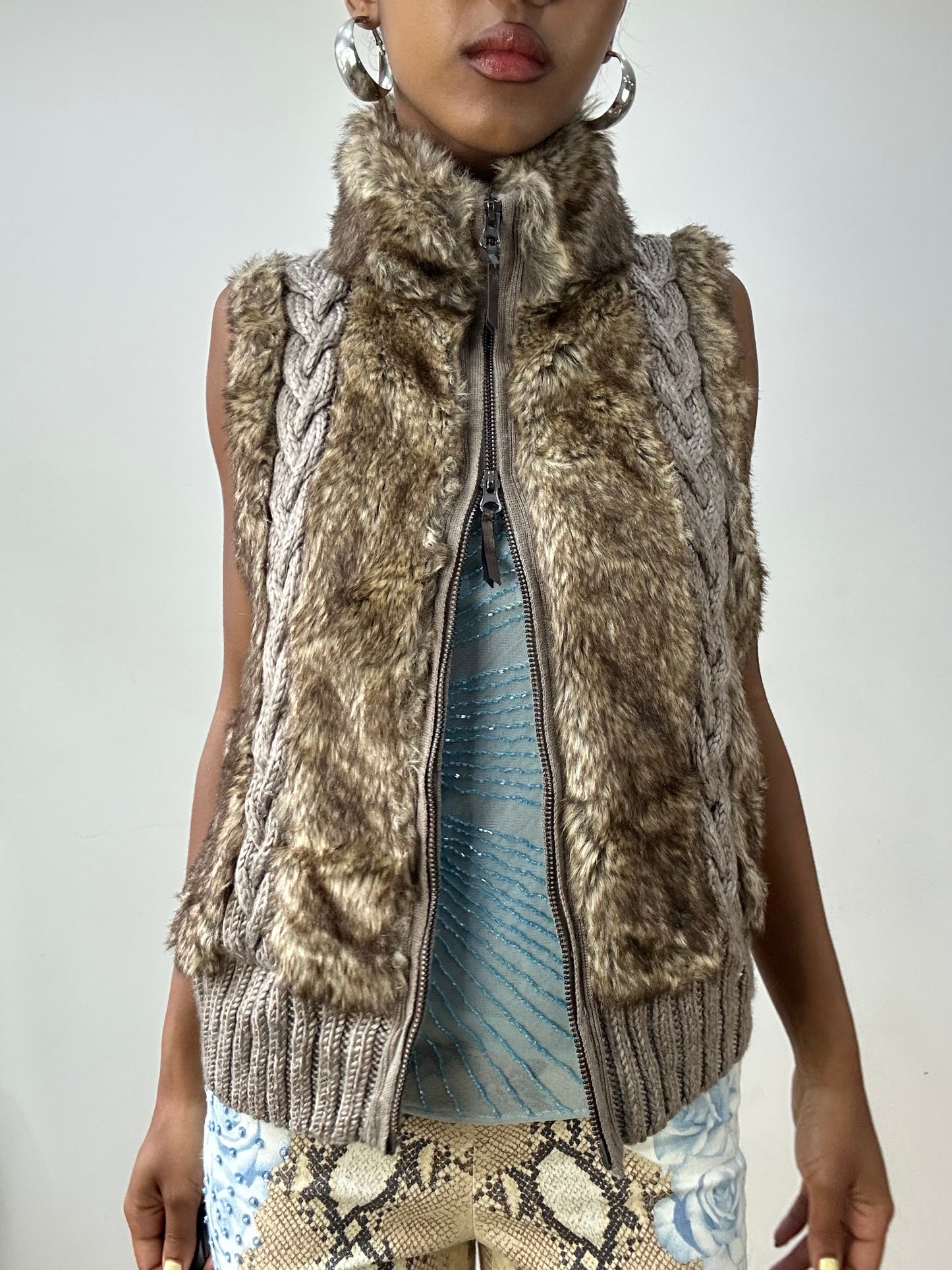 vintage edit thirty-two | small brown faux fur gilet with knitted detail