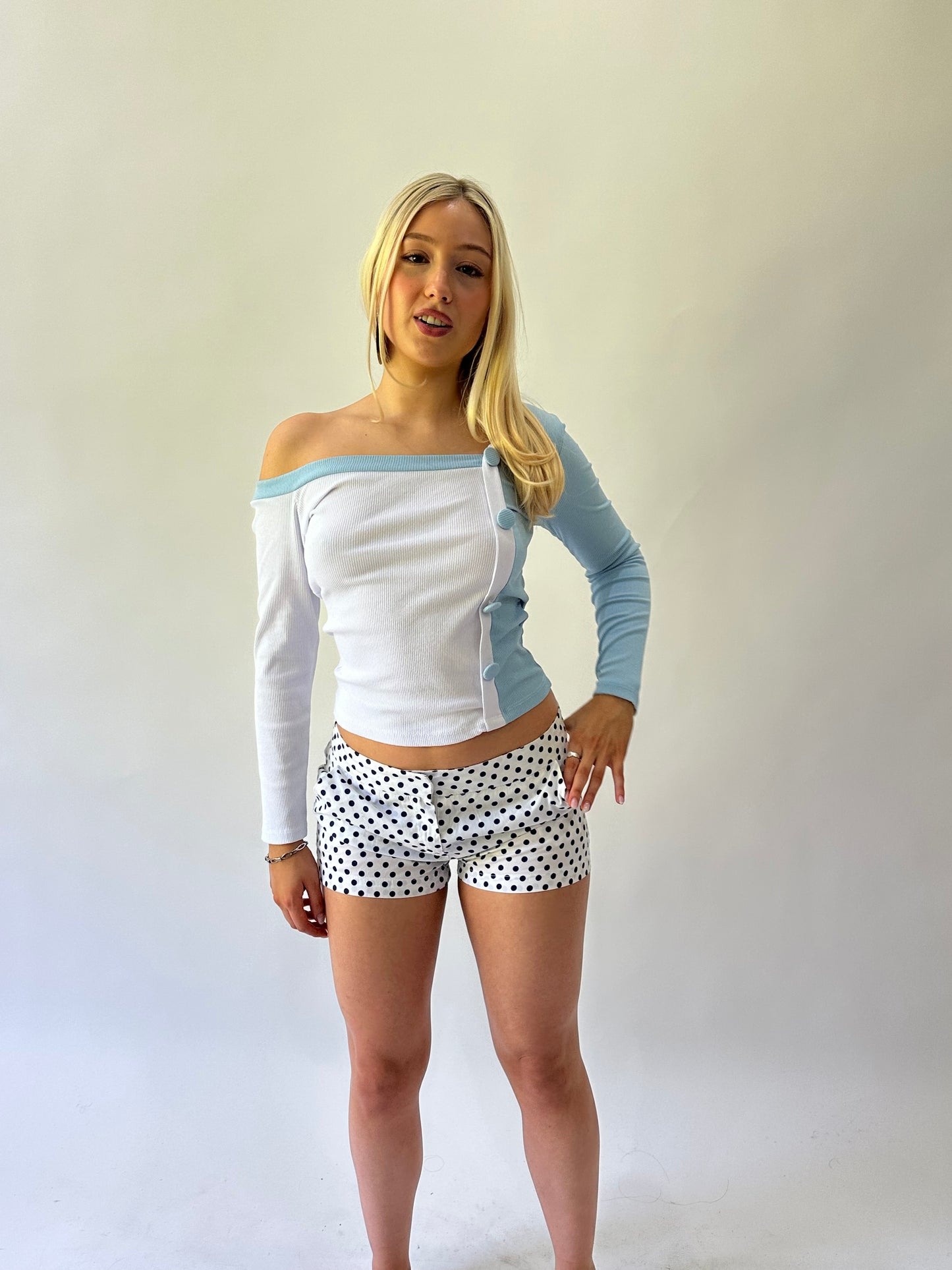 sailor drop | small white and blue polka dot mini shorts