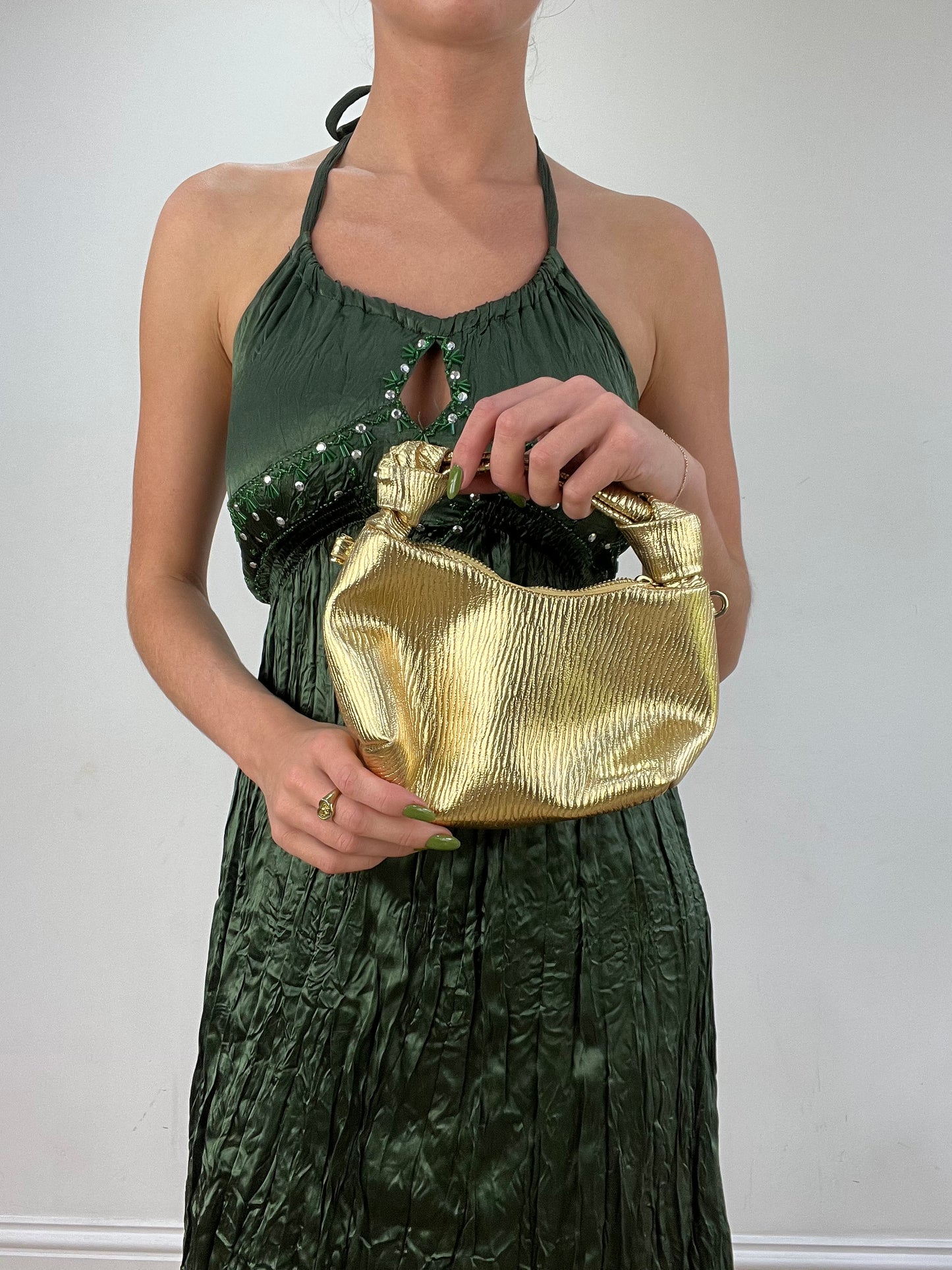 vintage edit seventeen | gold old label mango clutch bag
