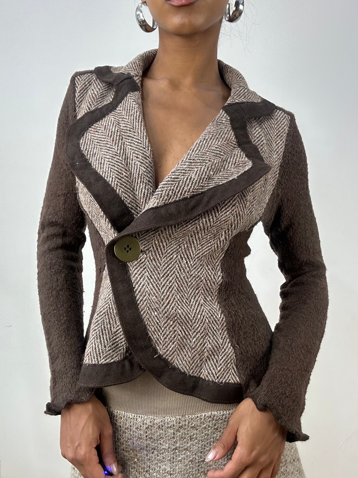 BEST PICKS | extra small brown fitted blazer top with asymmetric button closure
