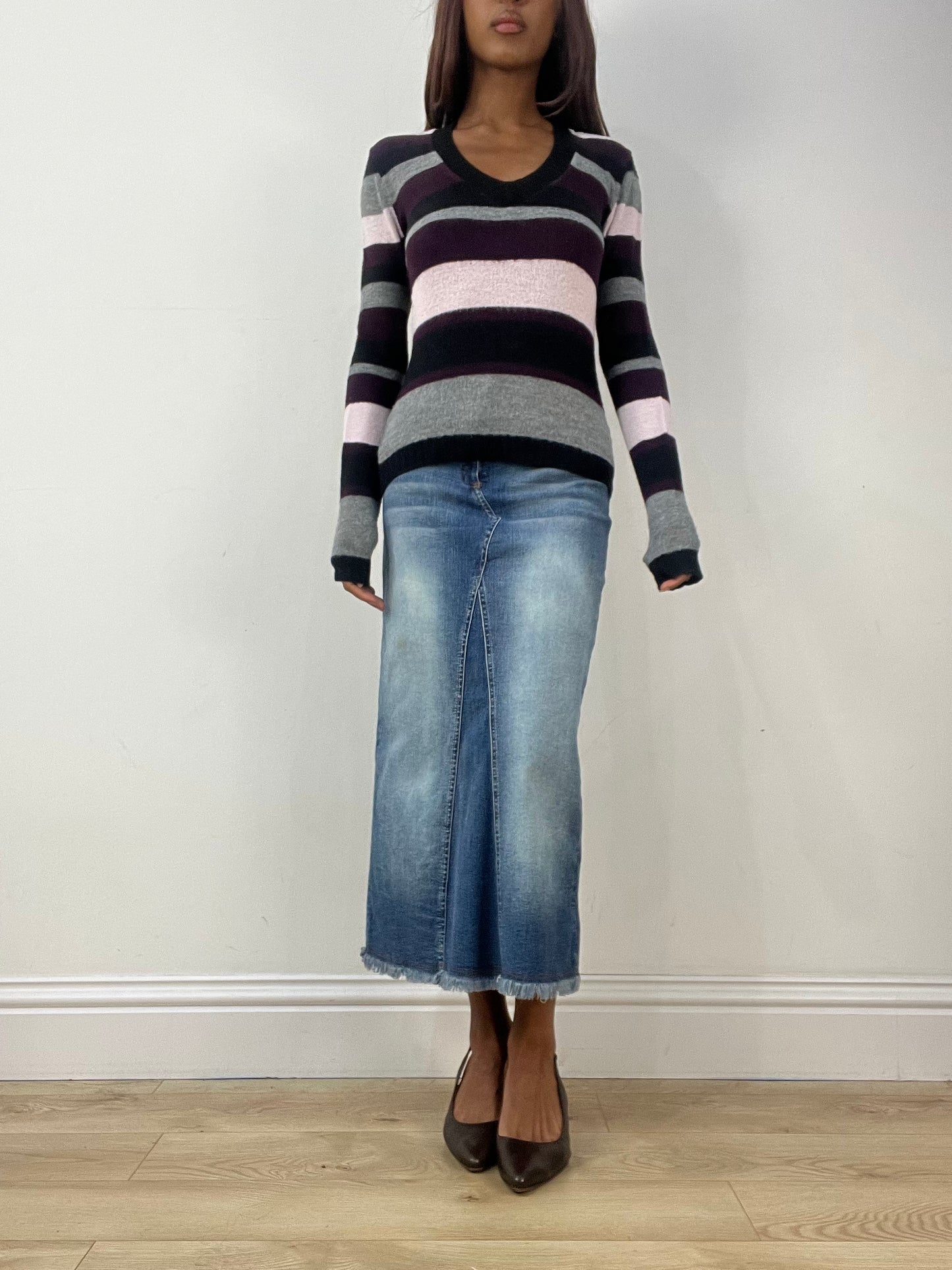 vintage edit thirty-three | small grey and purple knit jumper with stripes