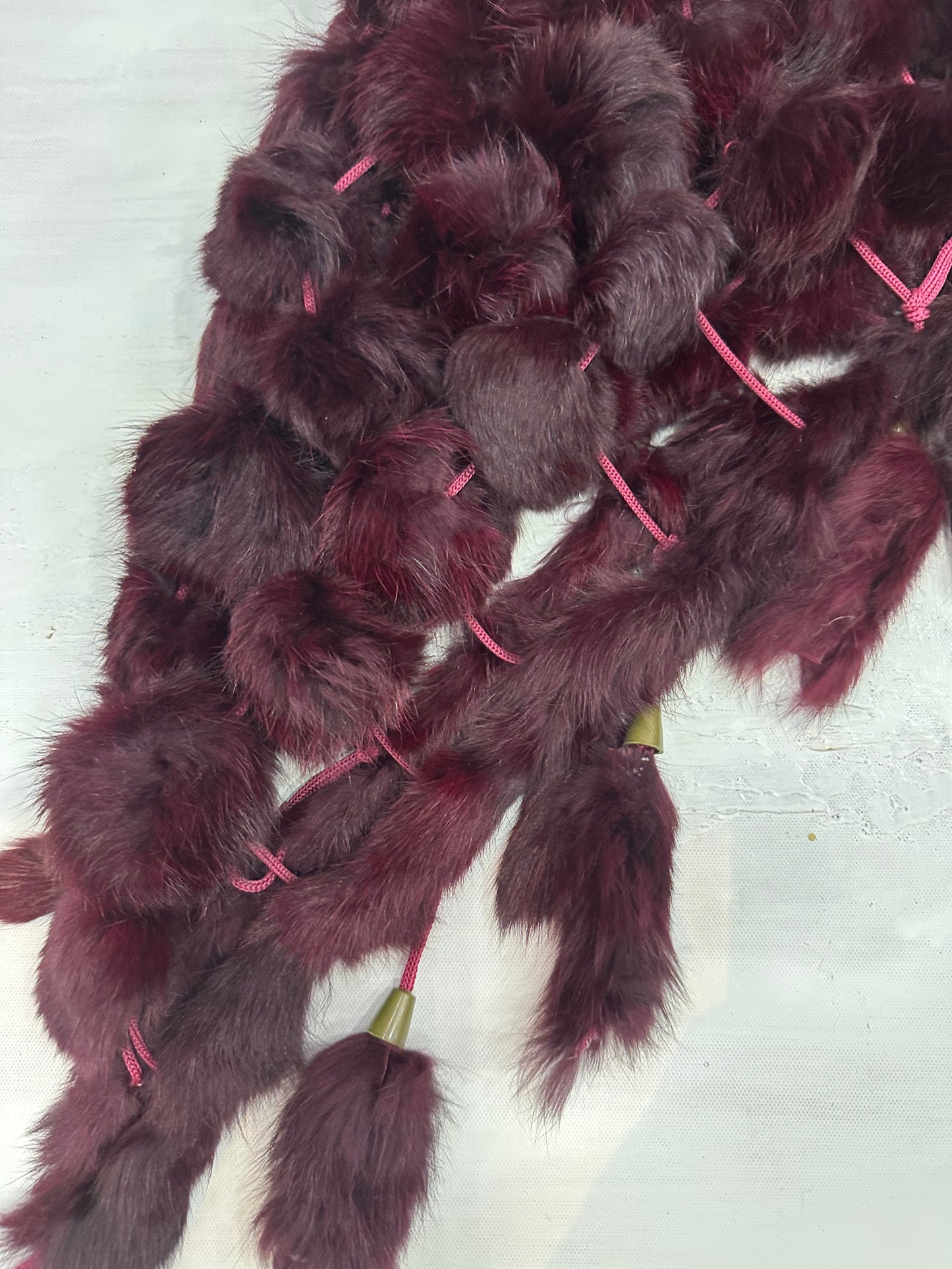 vintage edit thirty-four | small burgundy pom pom faux fur shawl