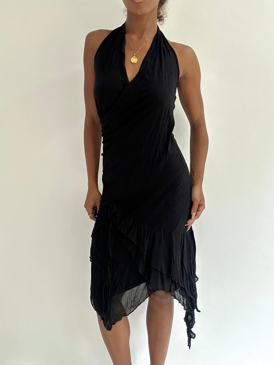 BEST PICKS | small black asymmetric halterneck midi dress