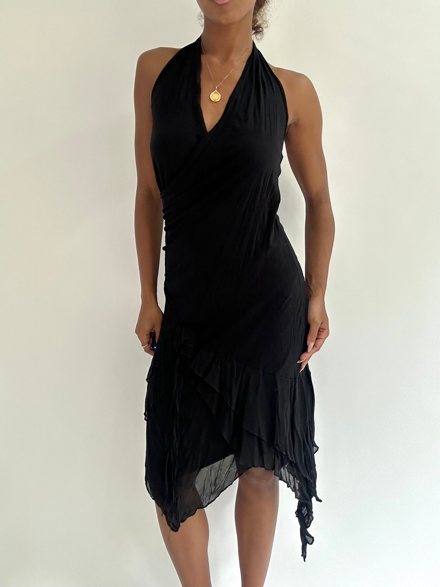 BEST PICKS | small black asymmetric halterneck midi dress