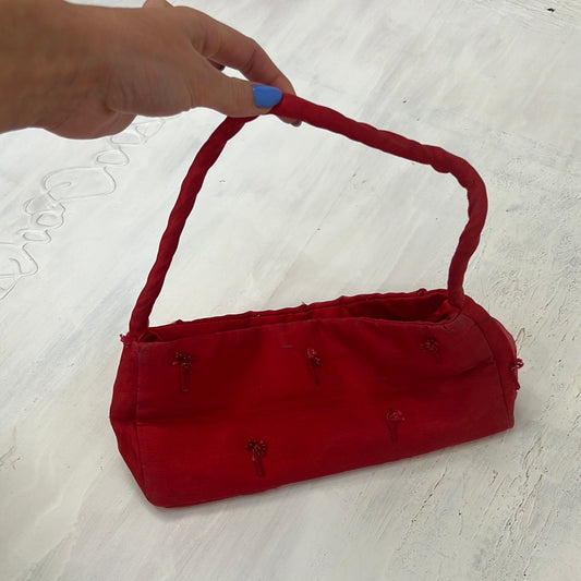 PROM SEASON DROP | small red shoulder baguette handbag with embroidery detail