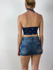 💻‼️ blue denim halterneck top with floral embroidery