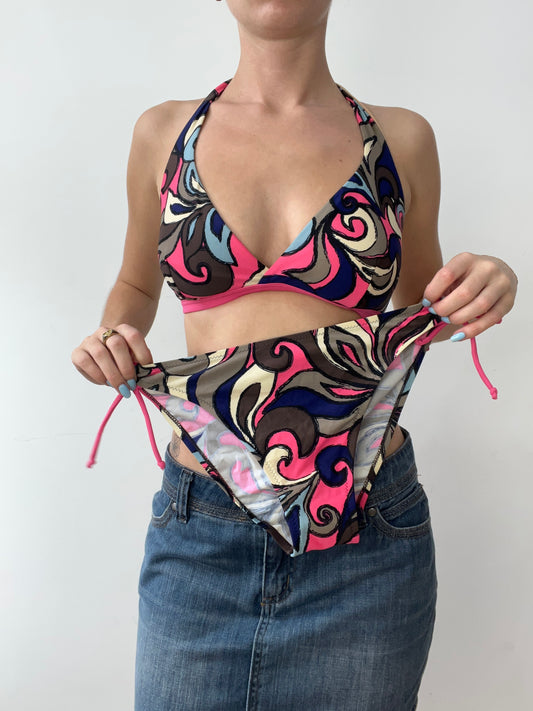 vintage edit thirty | large black and pink halterneck bikini set