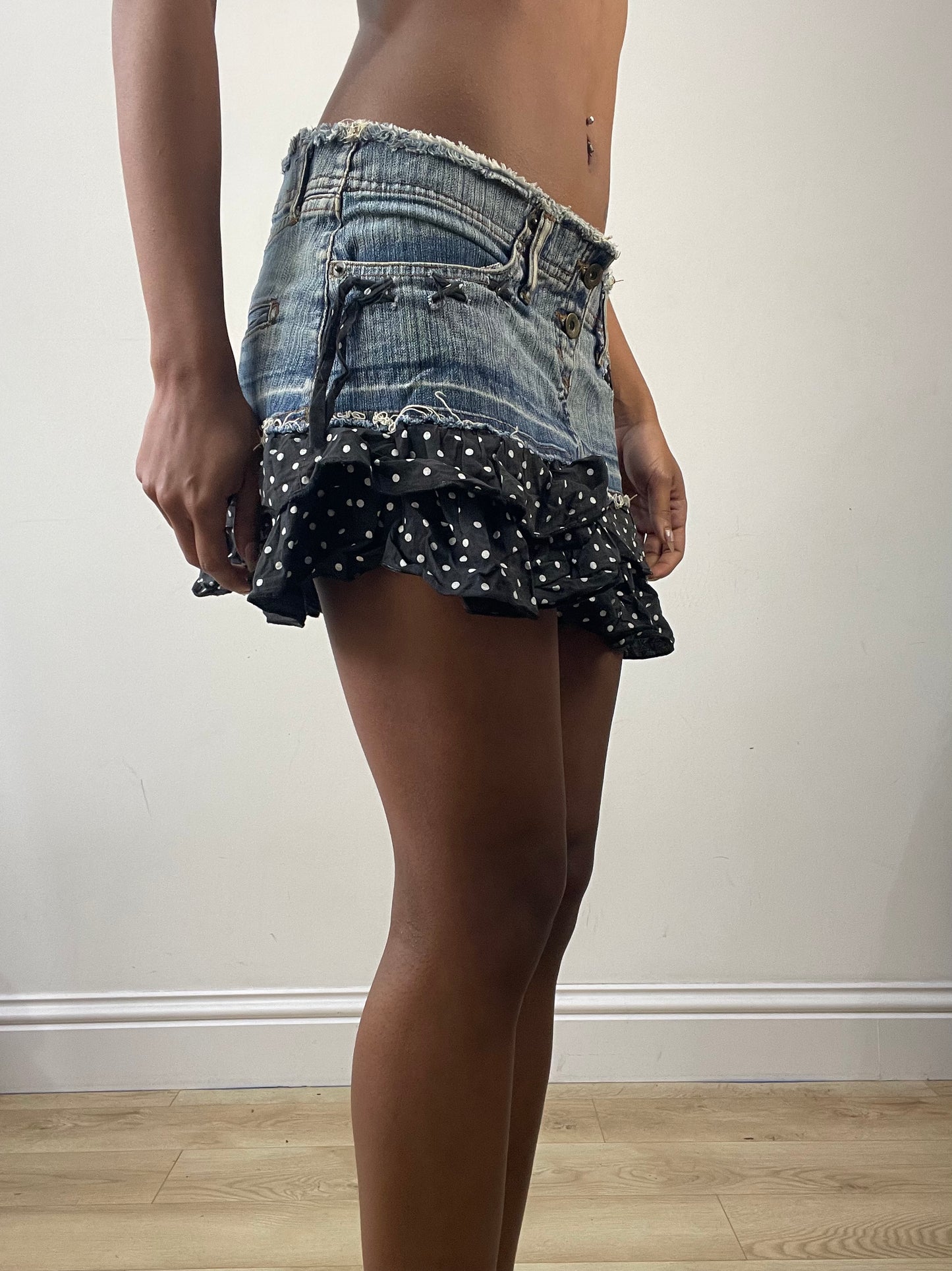 vintage edit: fashion week | medium blue denim polka dot mini skirt