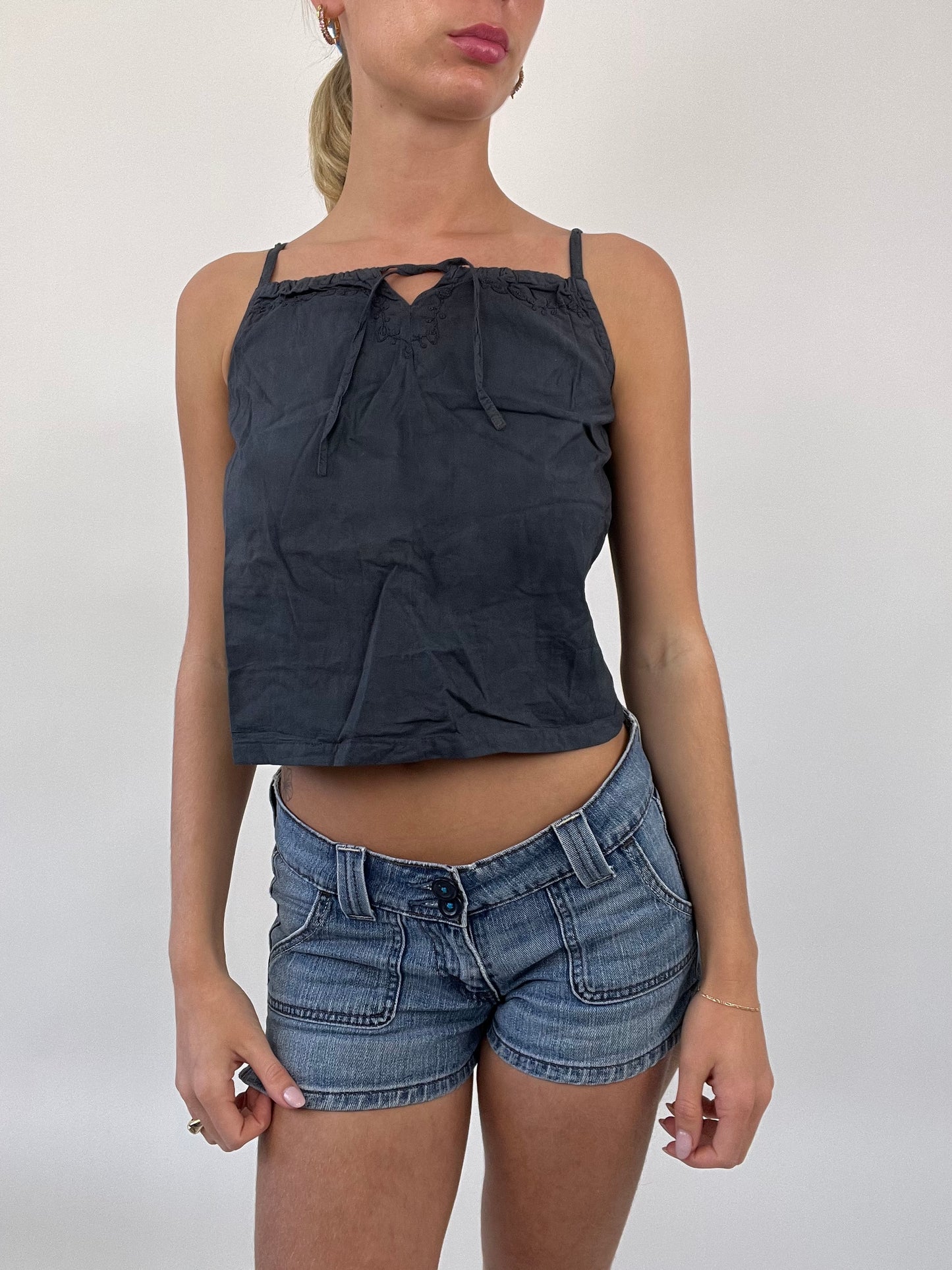 COASTAL COWGIRL DROP | small blue linen top with embroidery detail