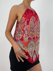 VINTAGE PICKS | medium red high neck top with paisley print