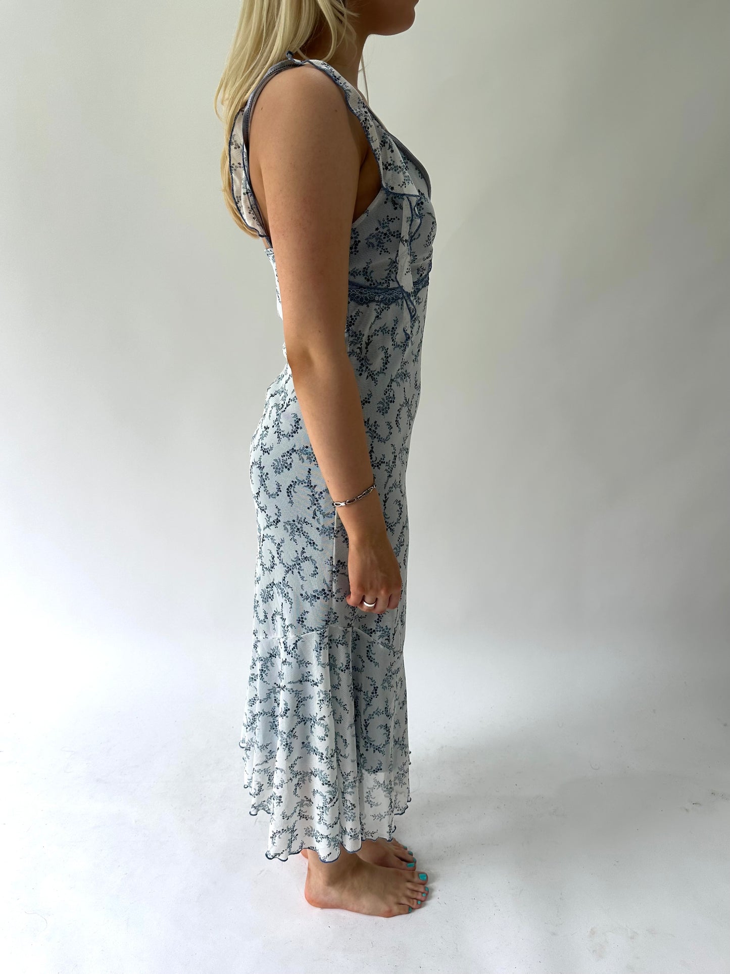 sailor drop | small blue paisley print mesh overlay maxi dress