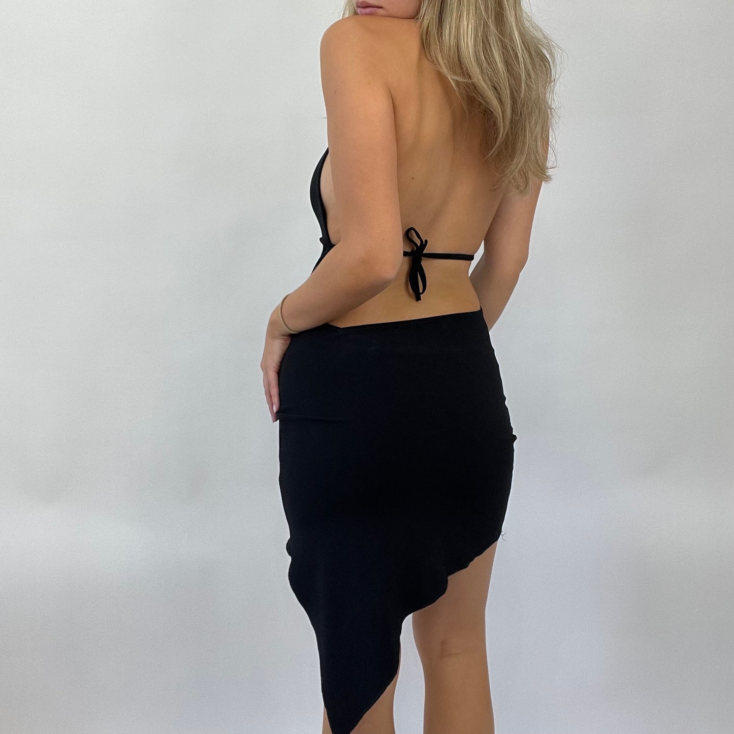 POSH AND BECKS DROP | small black asymmetric backless dress