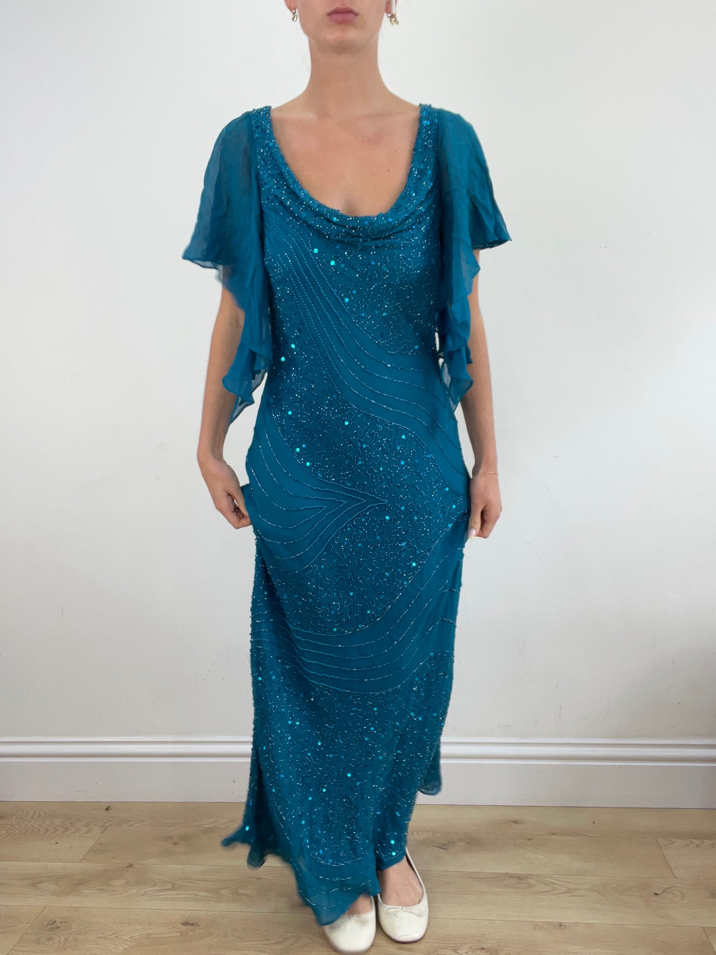 summer edit | medium blue maxi dress with mesh sleeves and beads