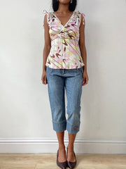 vintage edit twenty-five | medium blue cropped jeans with red rhinestone details