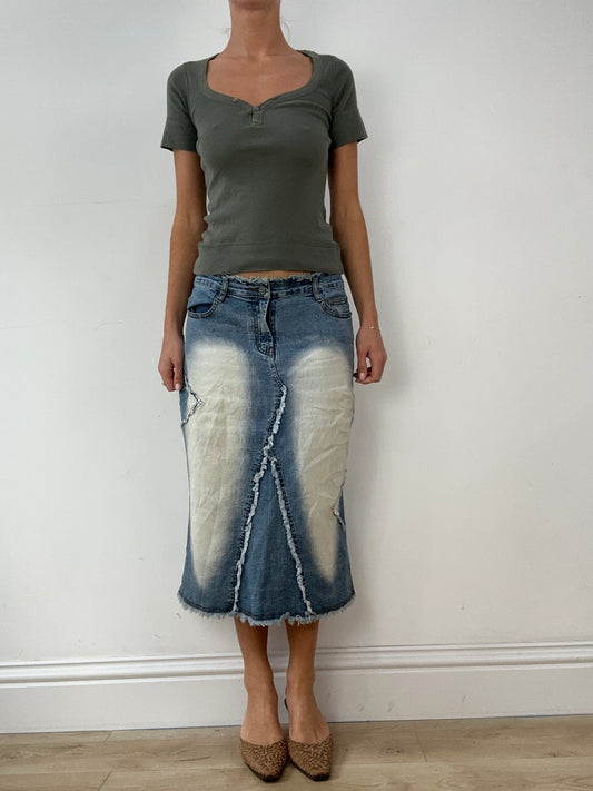 💻DENIM ON DENIM | small blue denim bleached wash midi skirt