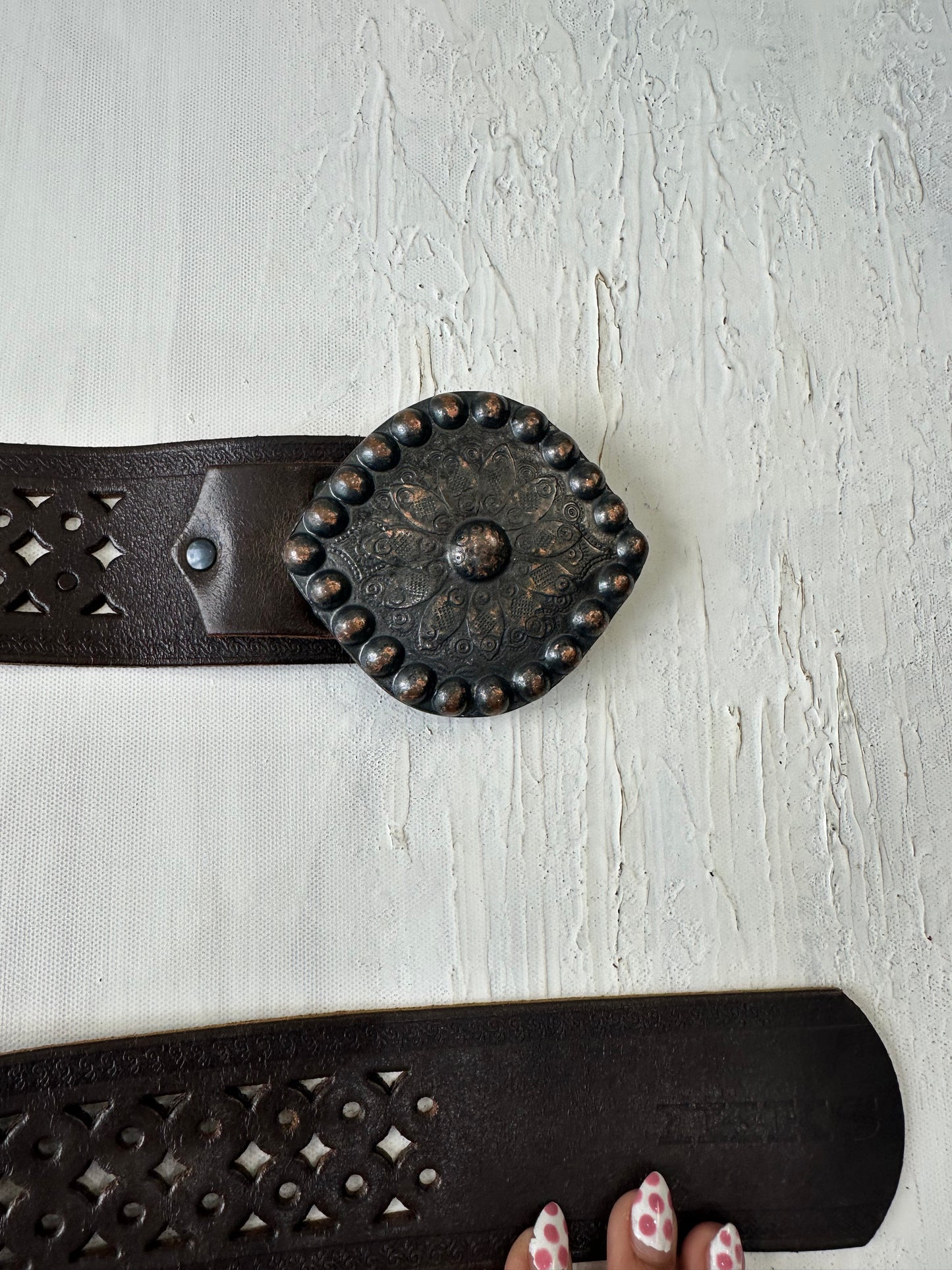 vintage edit twenty-nine | brown belt with floral statement buckle and cutout details