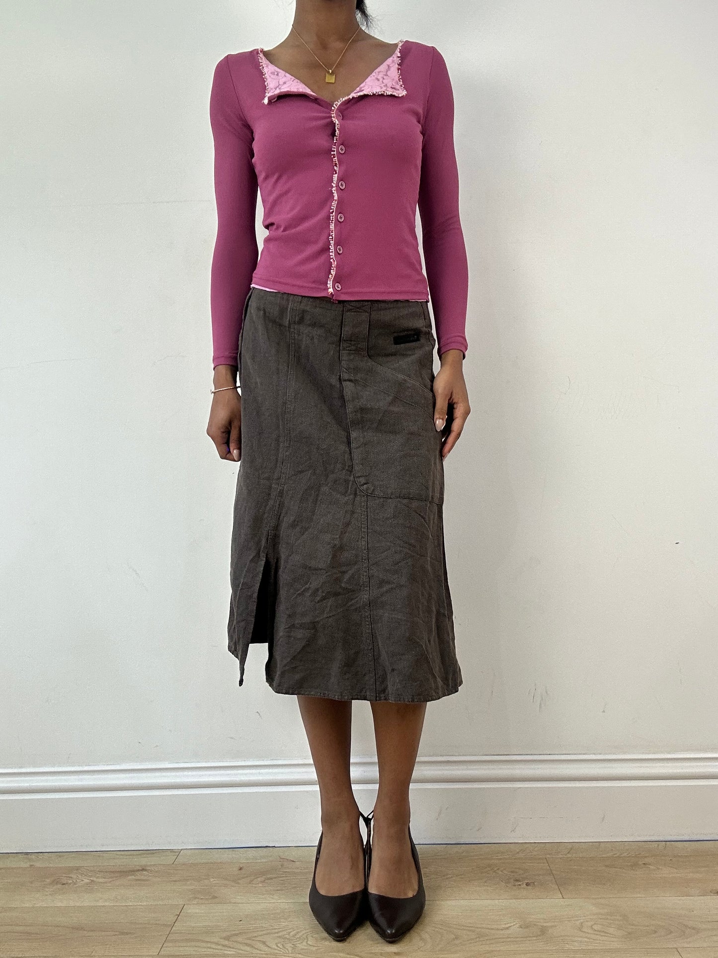 vintage edit twenty-one | small pink  long sleeve top with bead and lace details