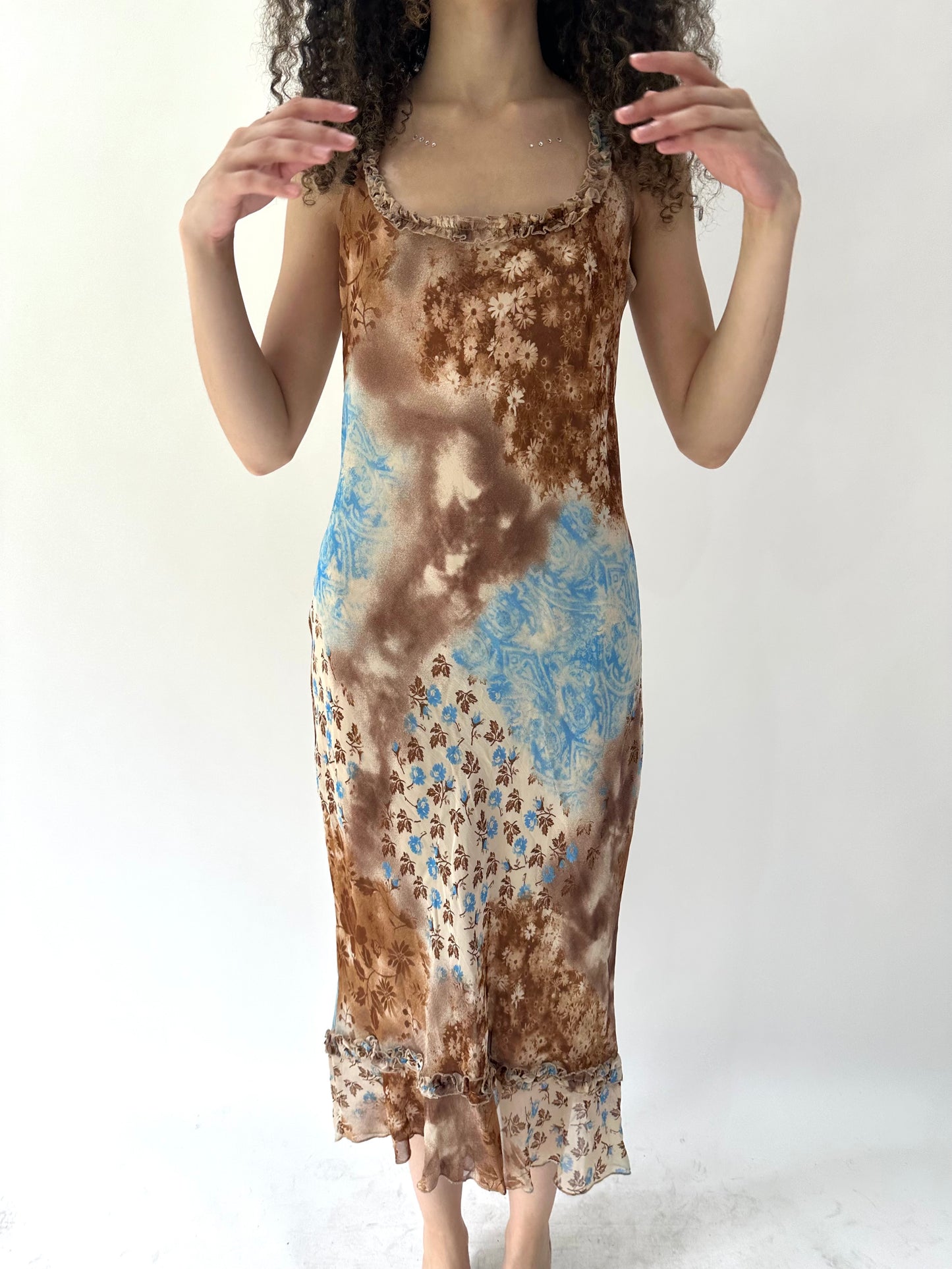festival drop | medium brown and blue mesh overlay midi dress