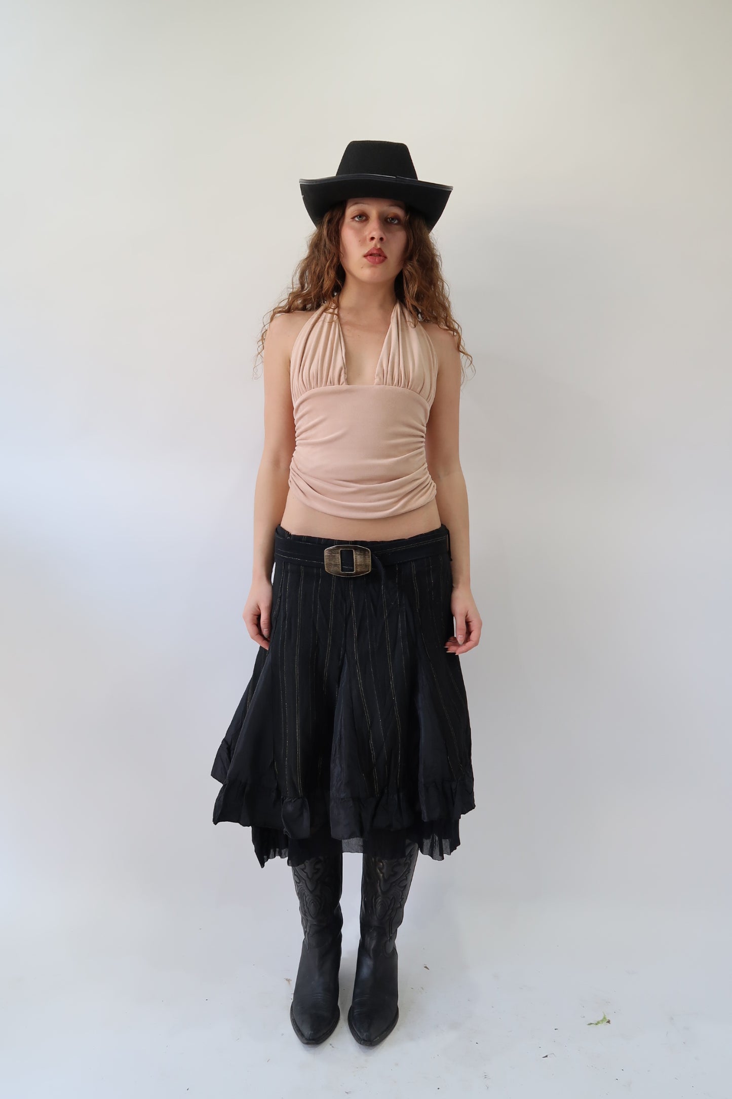 western edit | medium black belted pinstripe midi skirt