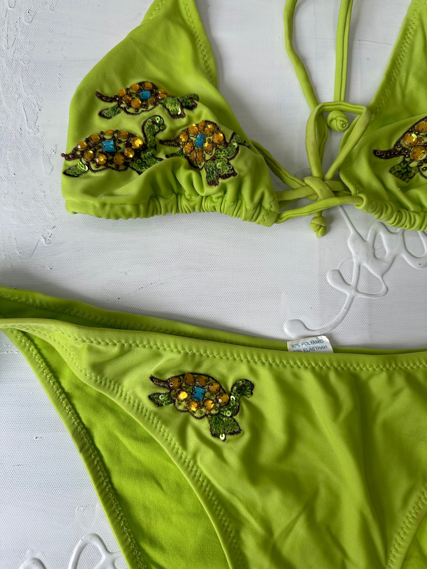 vintage edit twenty-seven | medium green turtle bikini set with beading and sequins