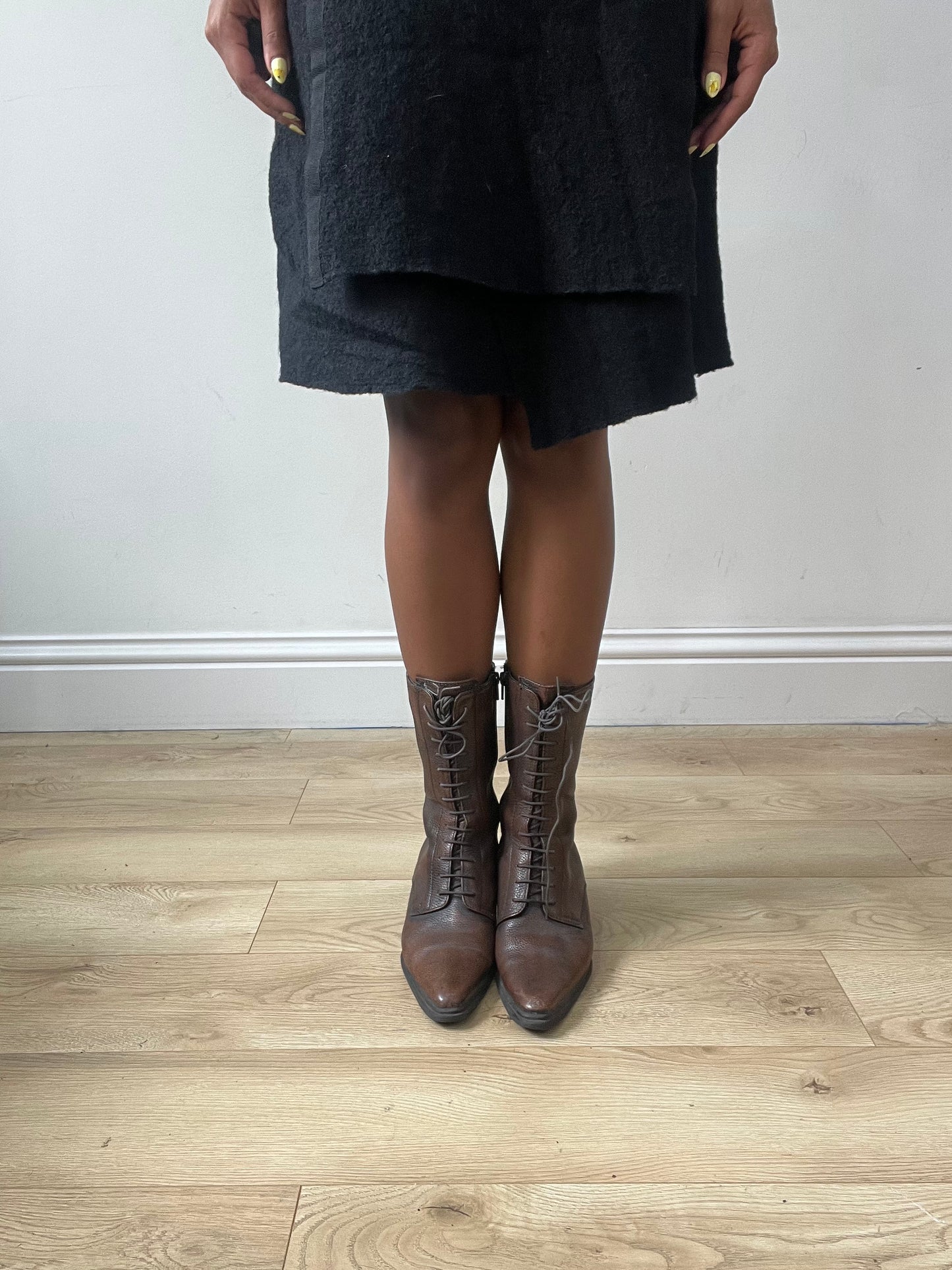 vintage edit thirty-two | brown faux leather heeled lace up boots