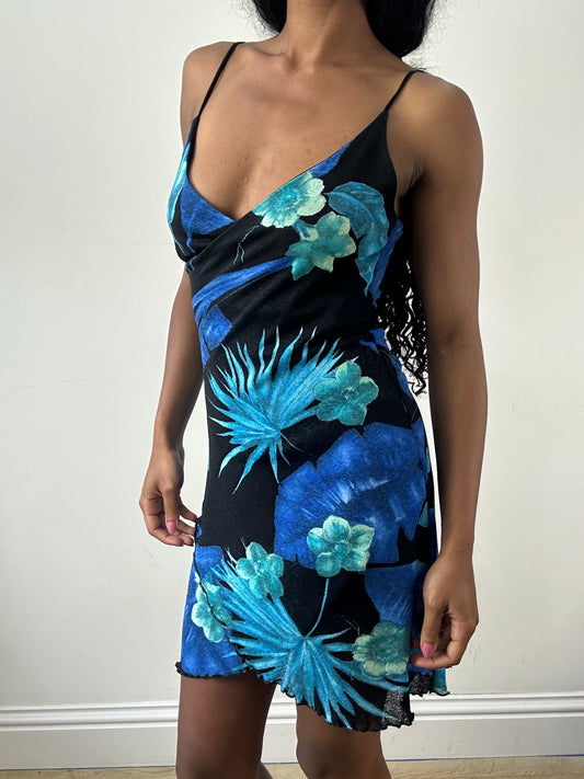 vintage edit: festival | extra small black and blue floral mini dress
