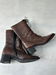 vintage edit thirty-two | brown faux leather heeled lace up boots