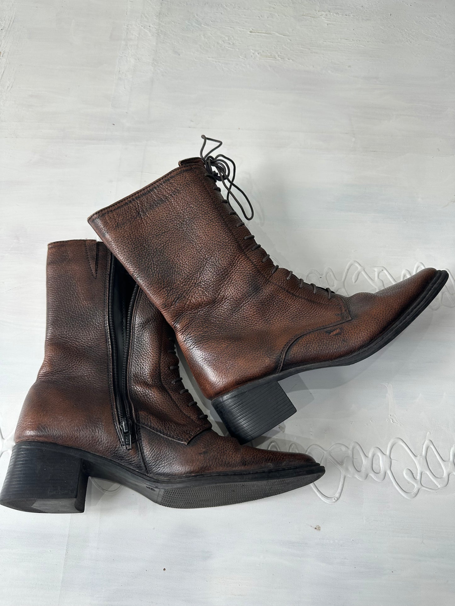 vintage edit thirty-two | brown faux leather heeled lace up boots
