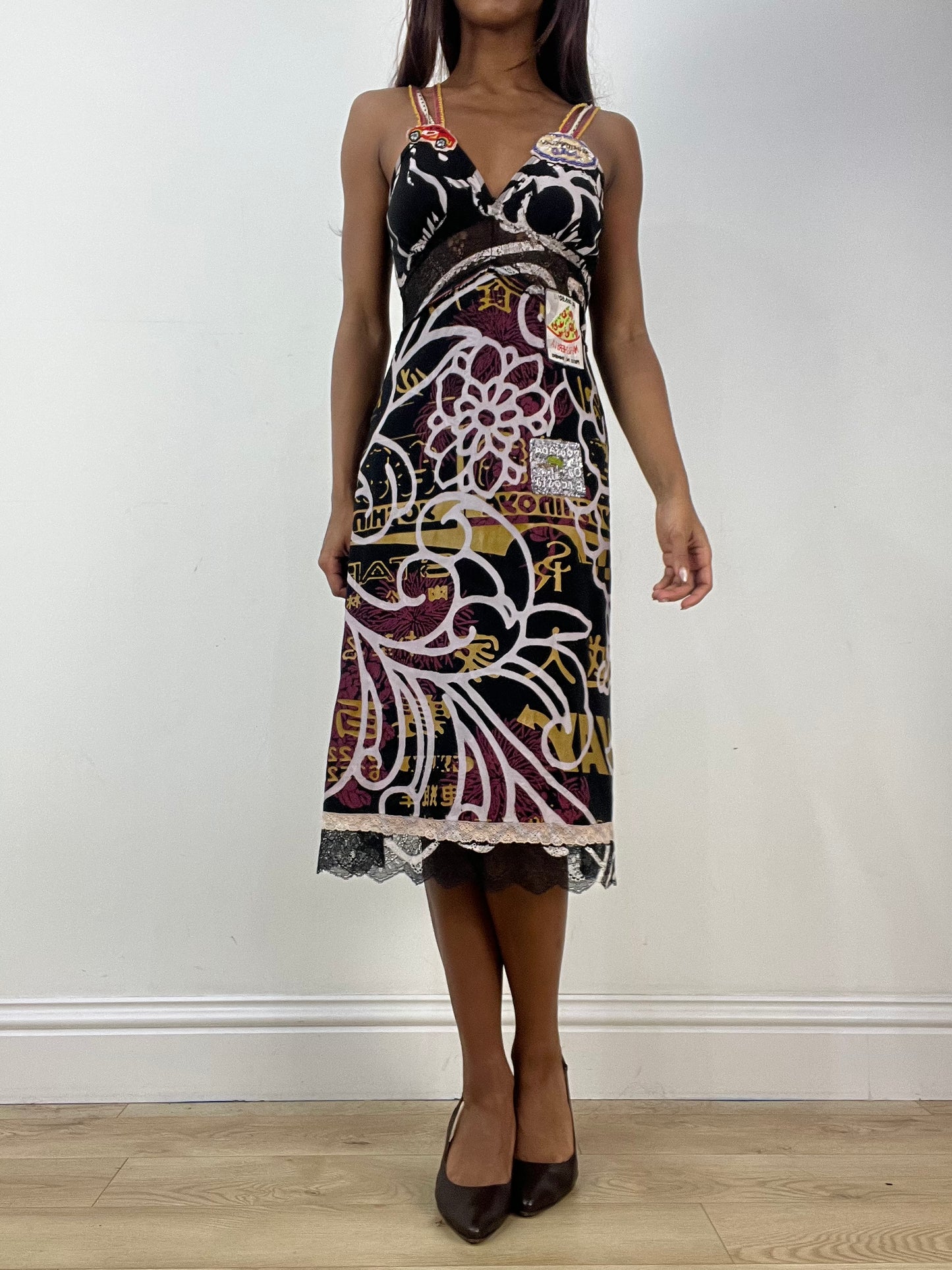 vintage edit thirty-three | small black mesh overlay midi dress with patchwork details