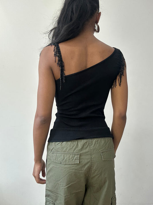 BEST PICKS | small black asymmetric top with beading detail