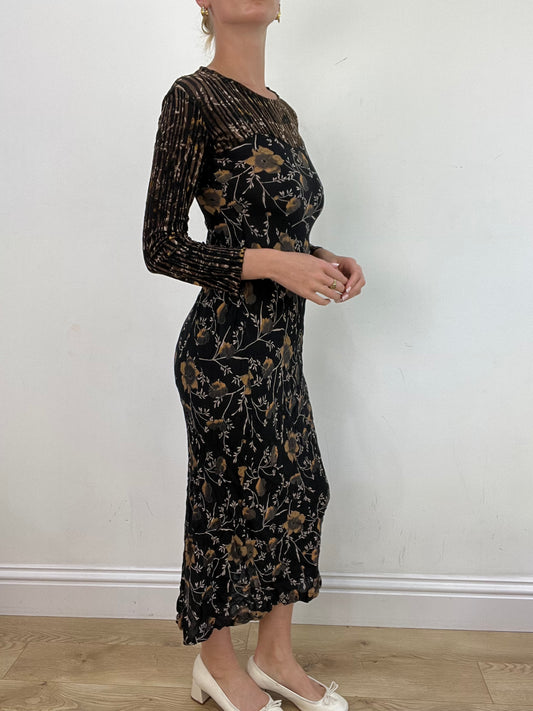 vintage edit: wedding guest | small black long sleeve maxi dress with brown floral print