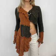 ETHEREAL GIRL DROP | medium brown and orange knitted asymmetric cardigan with beaded safety pin closure