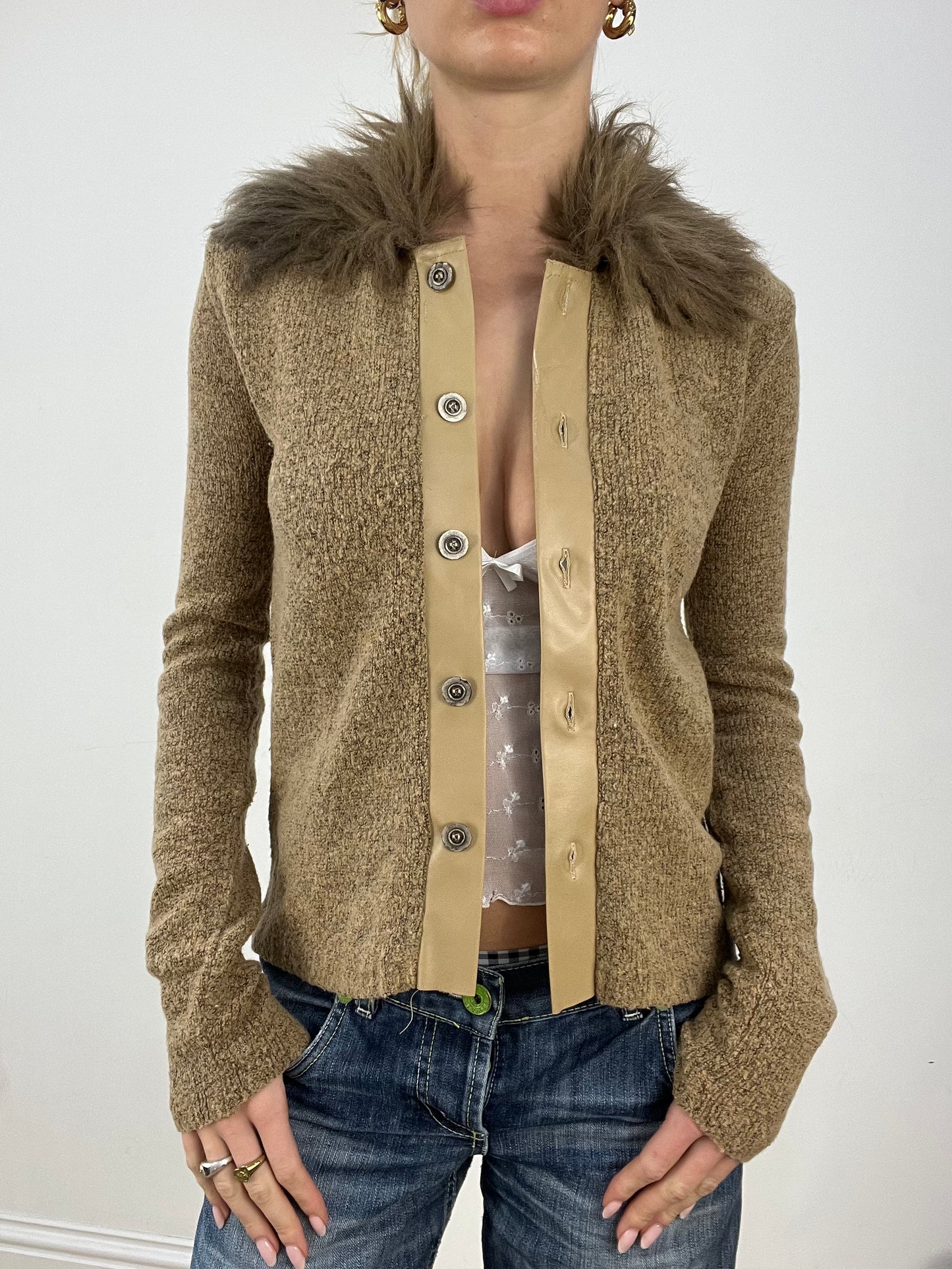 countryside | medium khaki faux fur cardigan