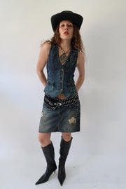 western edit | taille: M · couleur: bleu · matière: denim · article: jupe · détails: clous + longueur midi