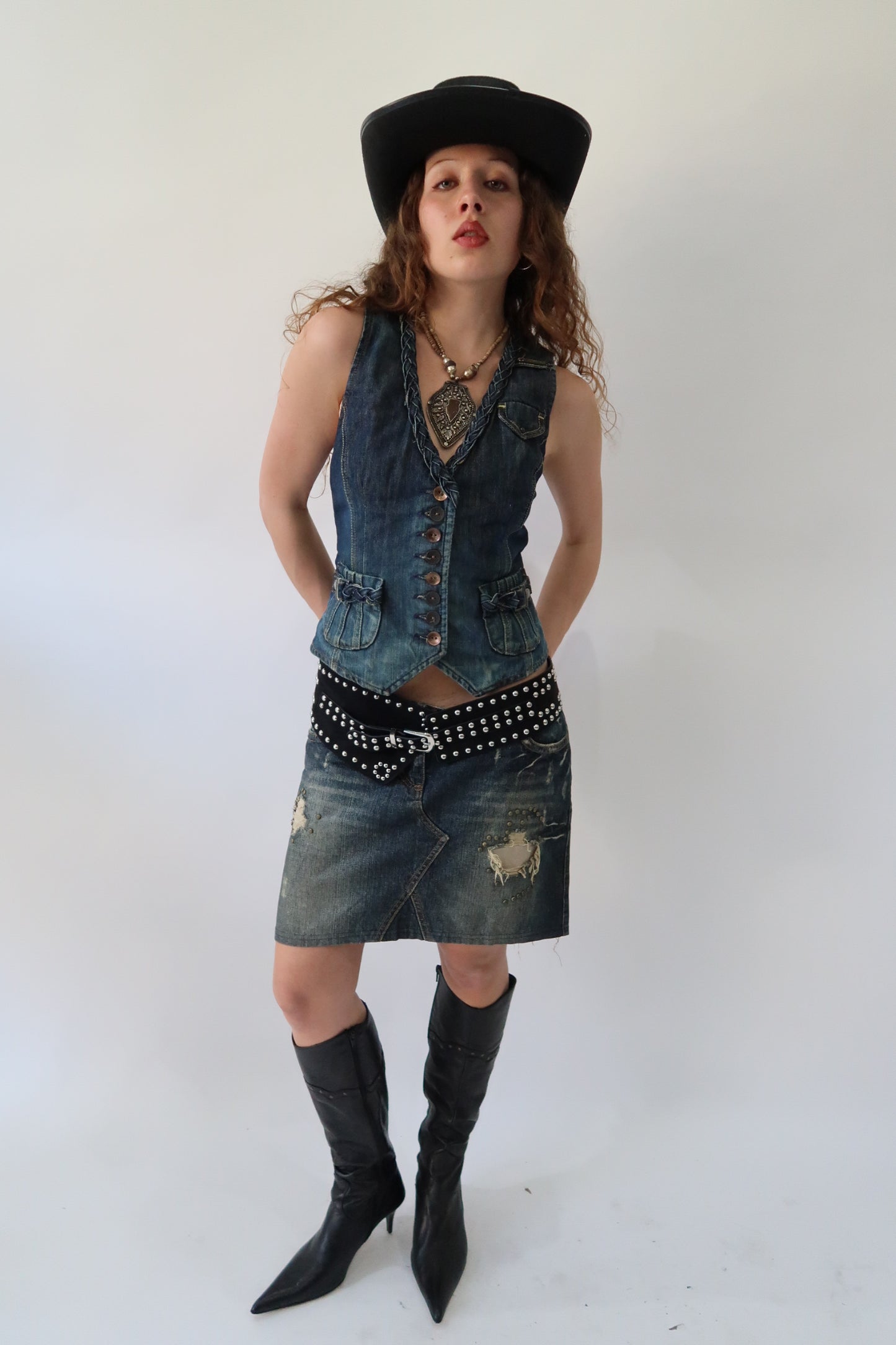 western edit | medium blue denim studded midi skirt