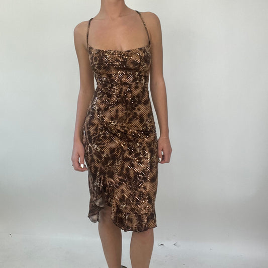 PROM SEASON DROP | small brown backless leopard print animal print midi dress with sequin detail