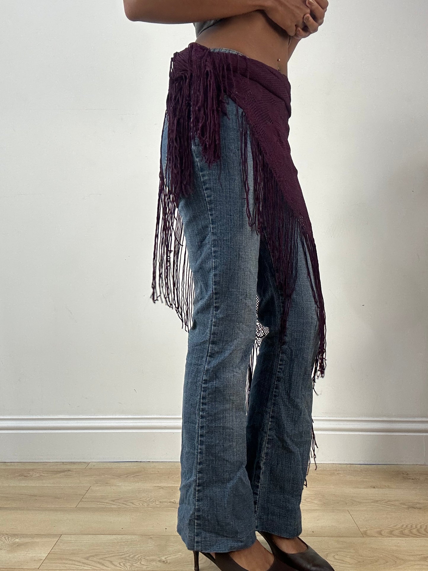 LFW edit | purple floral sheer scarf with tassel details