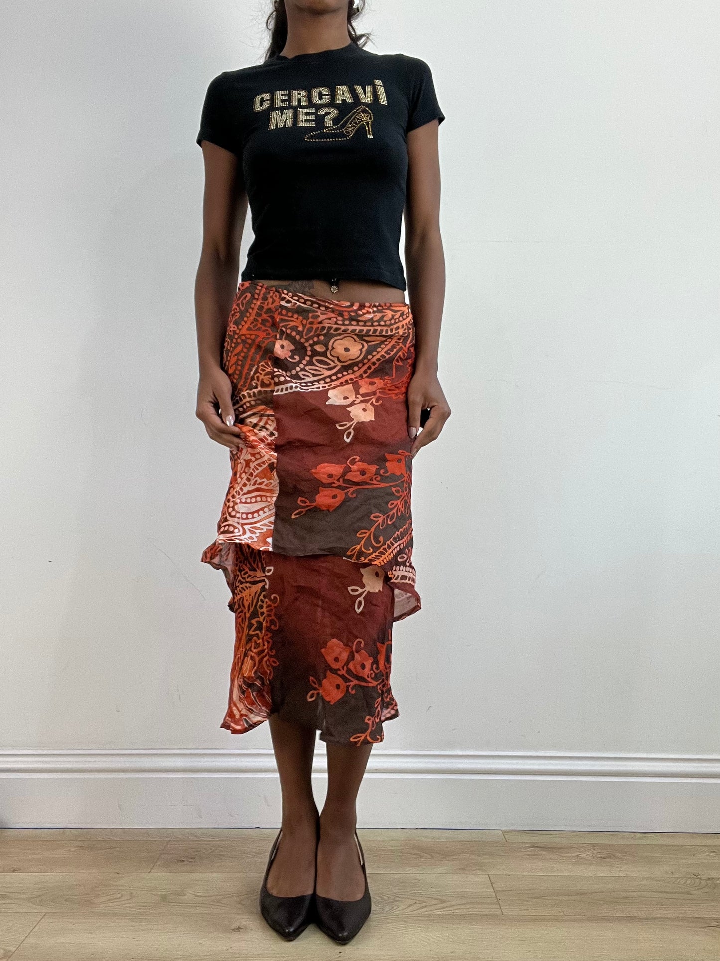 BEST PICKS | medium red mesh overlay midi skirt with floral print
