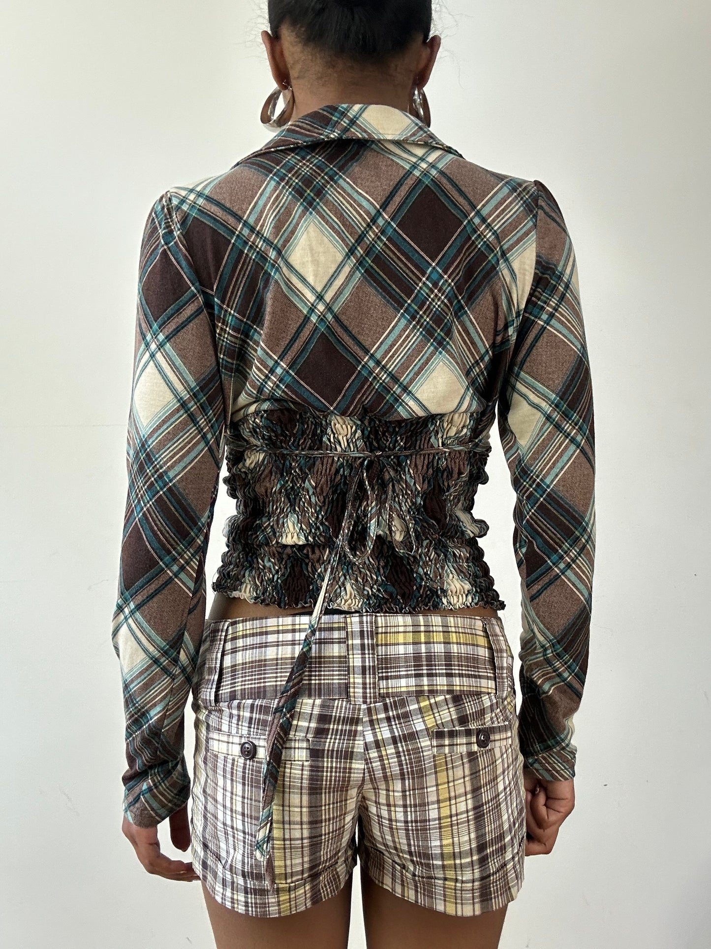vintage edit twenty-seven | brown and white plaid collared long sleeve top with ruched waist