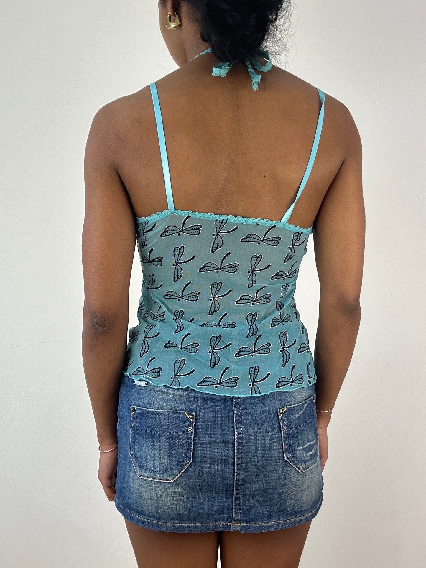 vintage edit: tops | medium blue glittery dragonfly print cami top