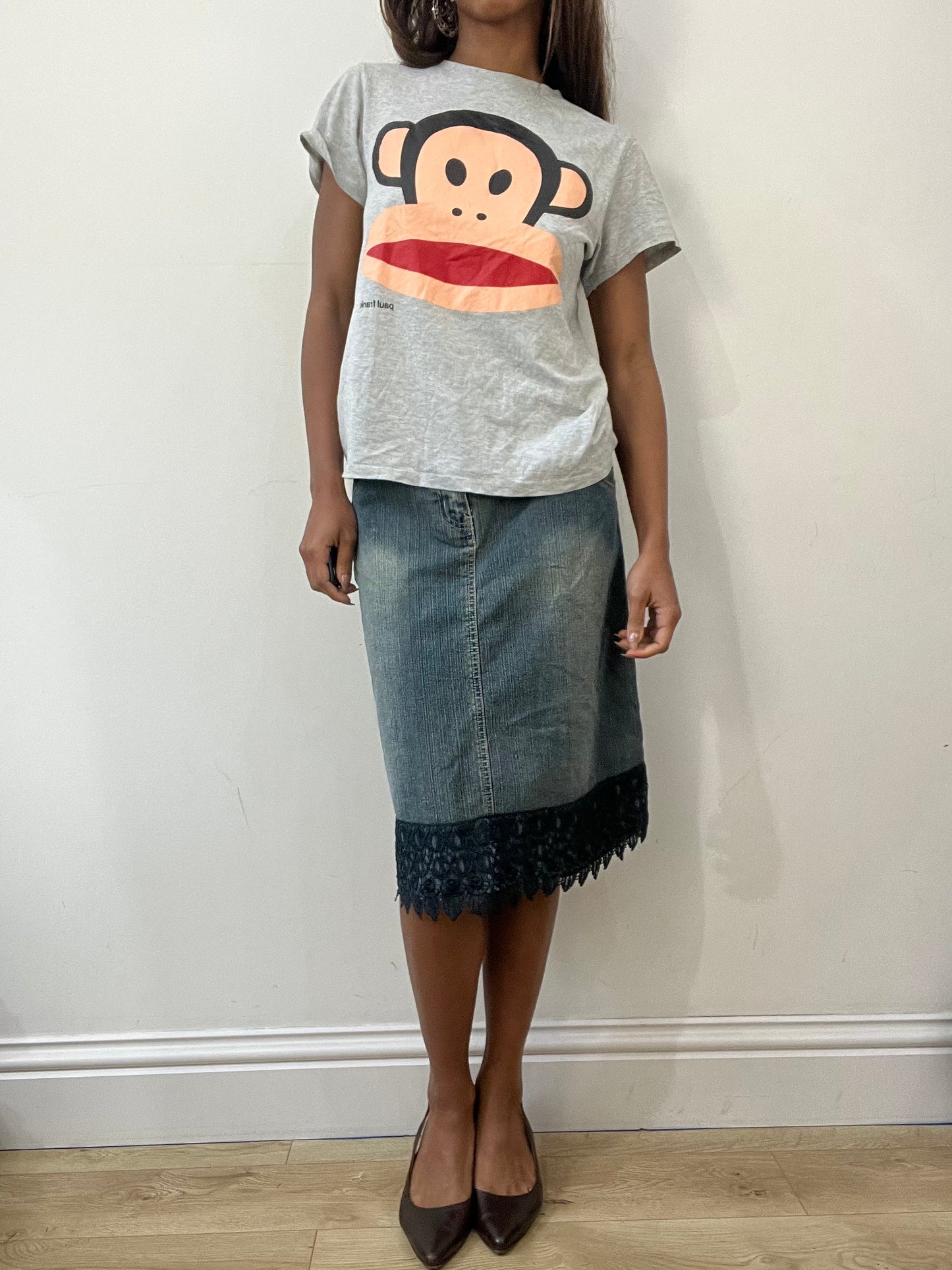 2016 edit | medium blue denim midi skirt with lace trim