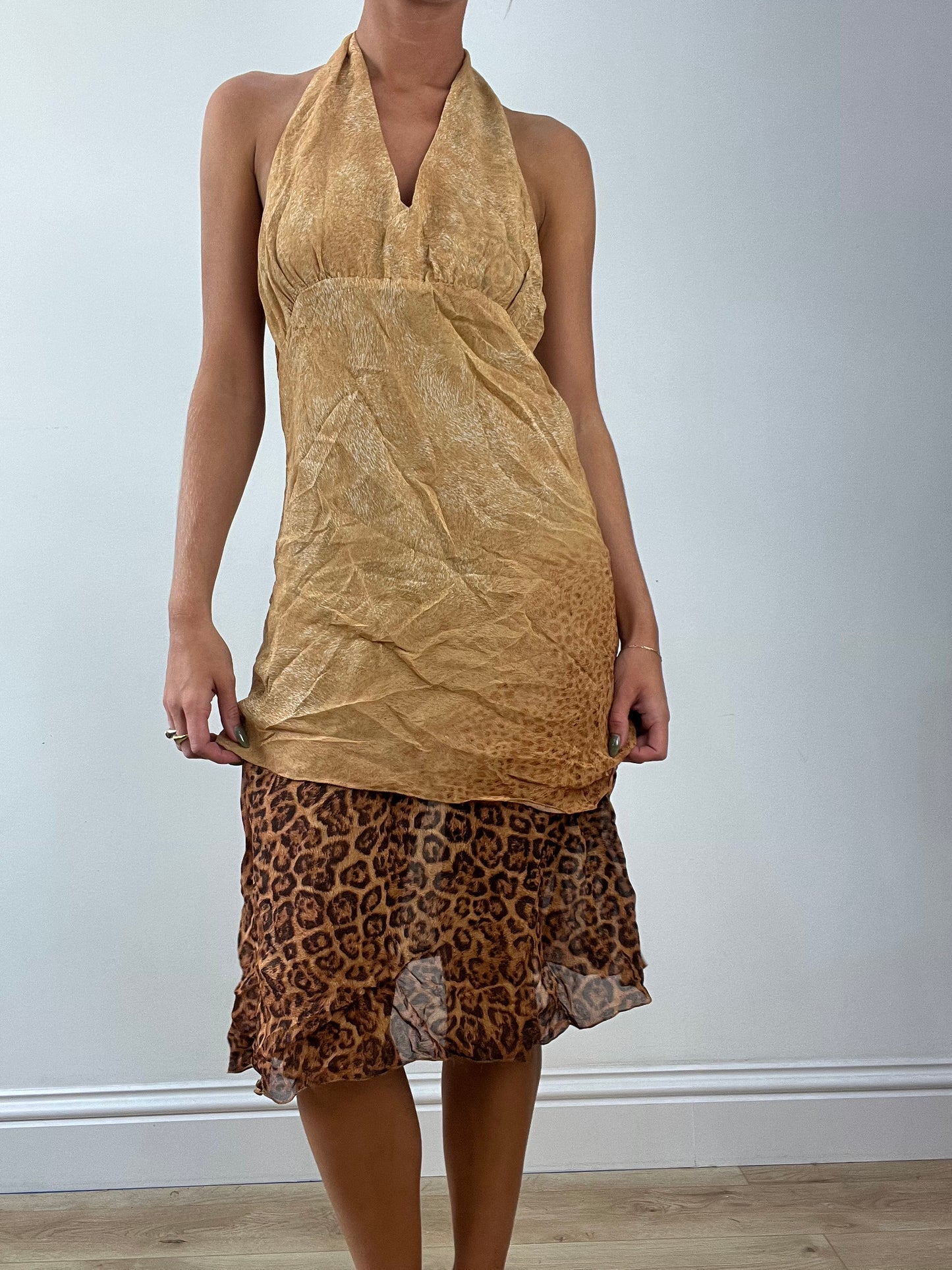 GIRLBAND DROP | medium brown leopard print halterneck dress