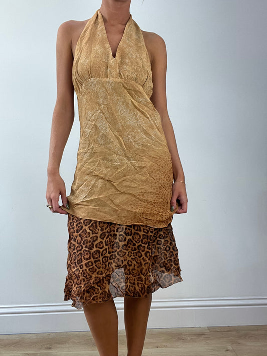 GIRLBAND DROP | medium brown leopard print halterneck dress