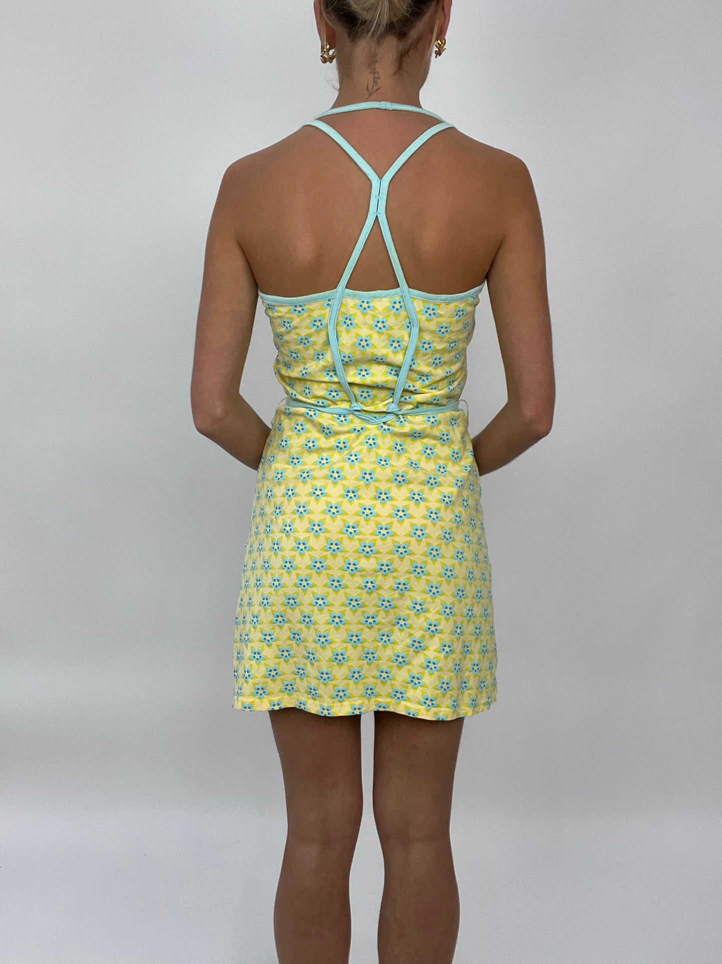 COCONUT GIRL DROP | medium yellow dress with blue floral print all over
