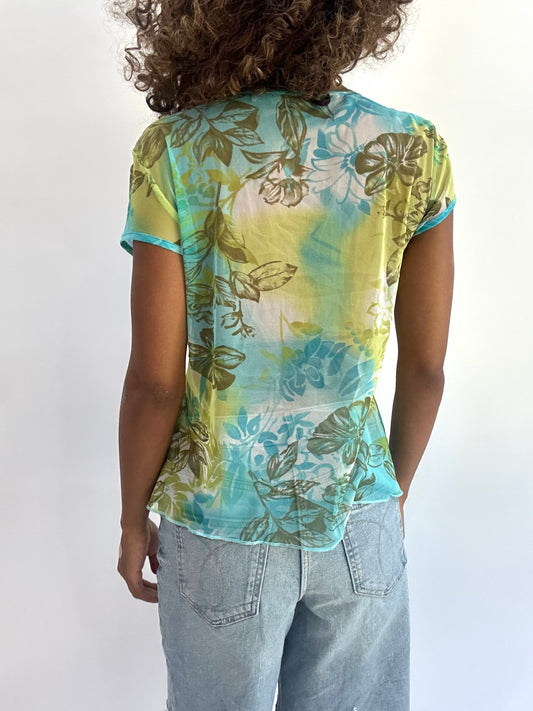 beach drop | medium blue floral sheer wrap top