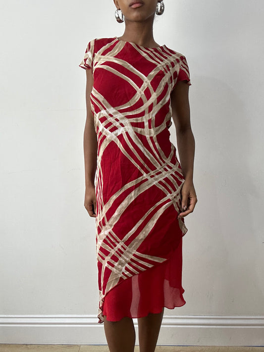 midsummer edit | small red midi dress with cream abstract print