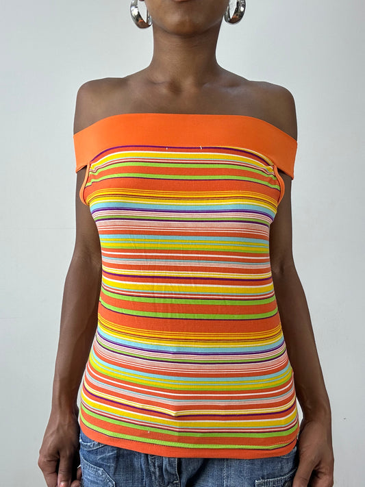 vintage edit twenty-six | small orange multicoloured off the shoulder top with stripes